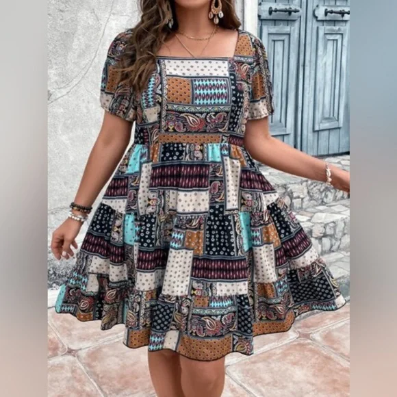 Women’s SHEIN curve breezaya XL Patchwork Print Dress grunge square neck - Picture 1 of 7